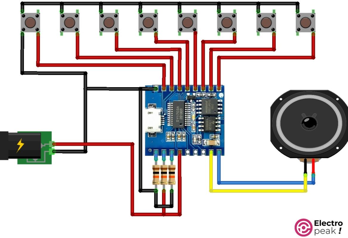 Circuit for Interfacing the DY-SV17F Module in I/O Independent 0/1 Mode with Push Buttons